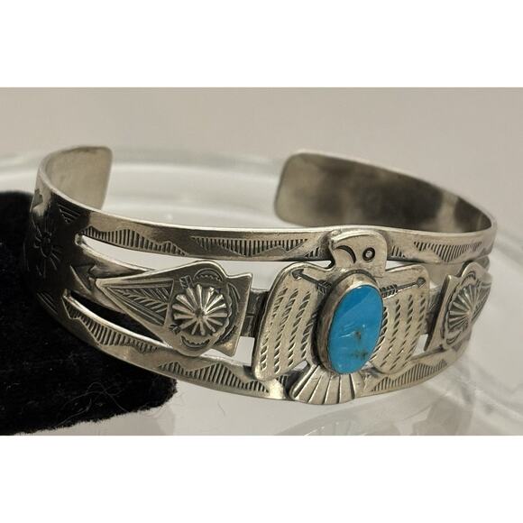 Fred Harvey Era Navajo Sterling Turquoise THUNDERBIRD ARROWHEAD Cuff Bracelet - Picture 3 of 5